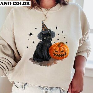 Vintage Black Cat Halloween Retro Style Spooky Season Cat Graphic Sweatshirt